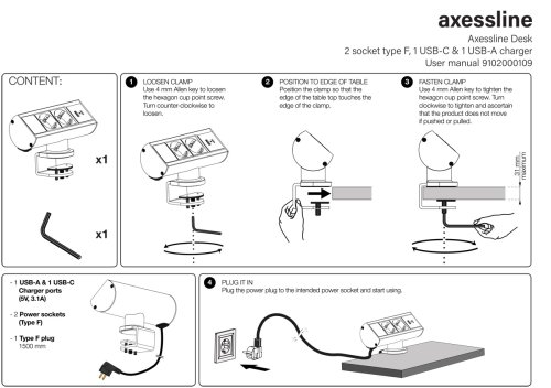 Axessline Desk 2 el,1 USB-A,1 USB-C